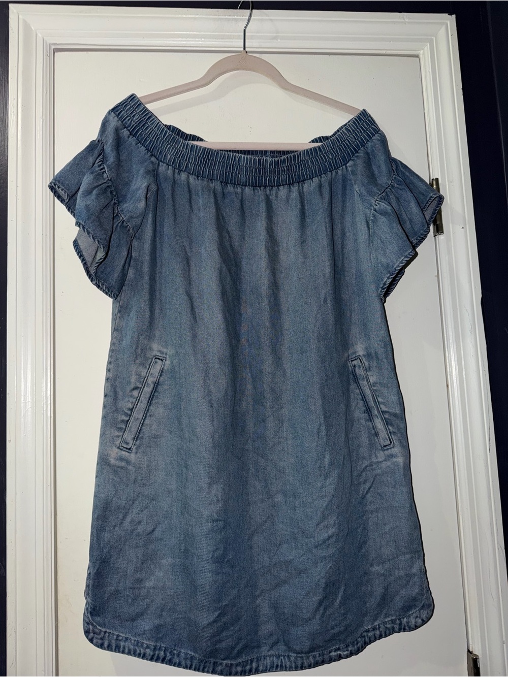 AllSaints Off-Shoulder Jean Midi Dress in Light Blue
